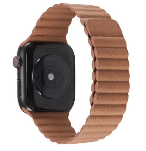 Brown leather loop band for Apple Watch with magnetic closure and quilted design on black sport case
