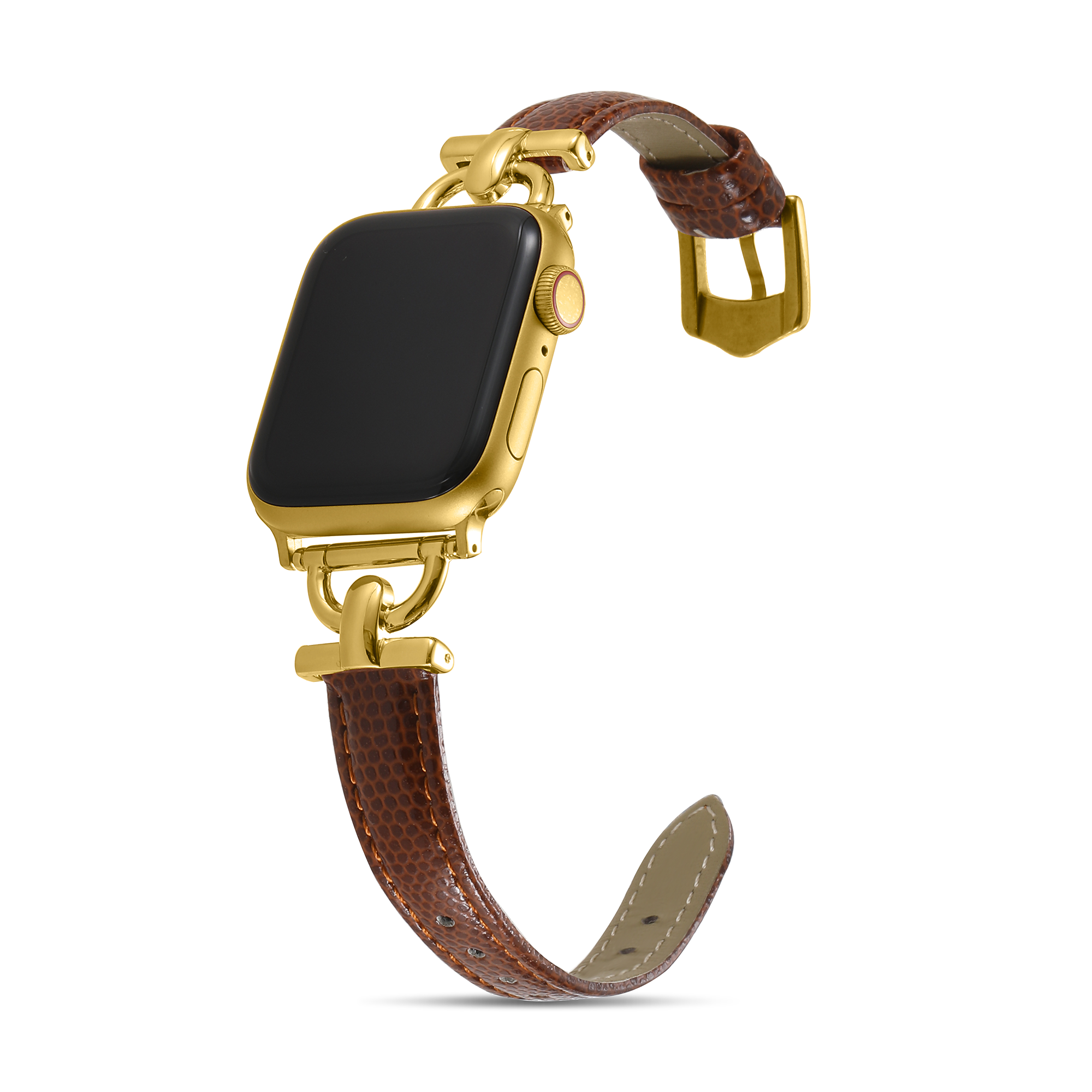 Gold Apple Watch with brown leather strap and gold hardware on white background