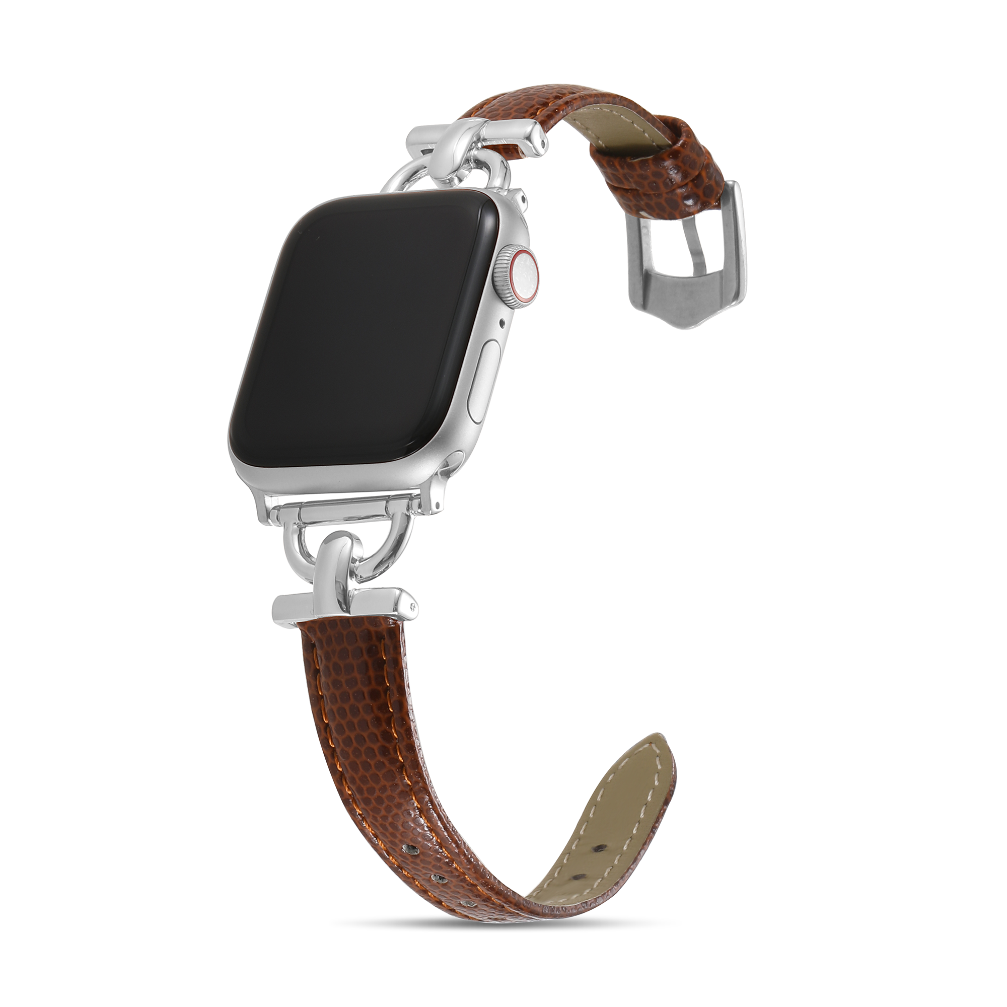 Silver Apple Watch with brown crocodile leather band and silver hardware connector