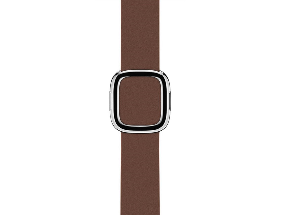 Brown leather smartwatch band with stainless steel modern buckle closure for Apple Watch