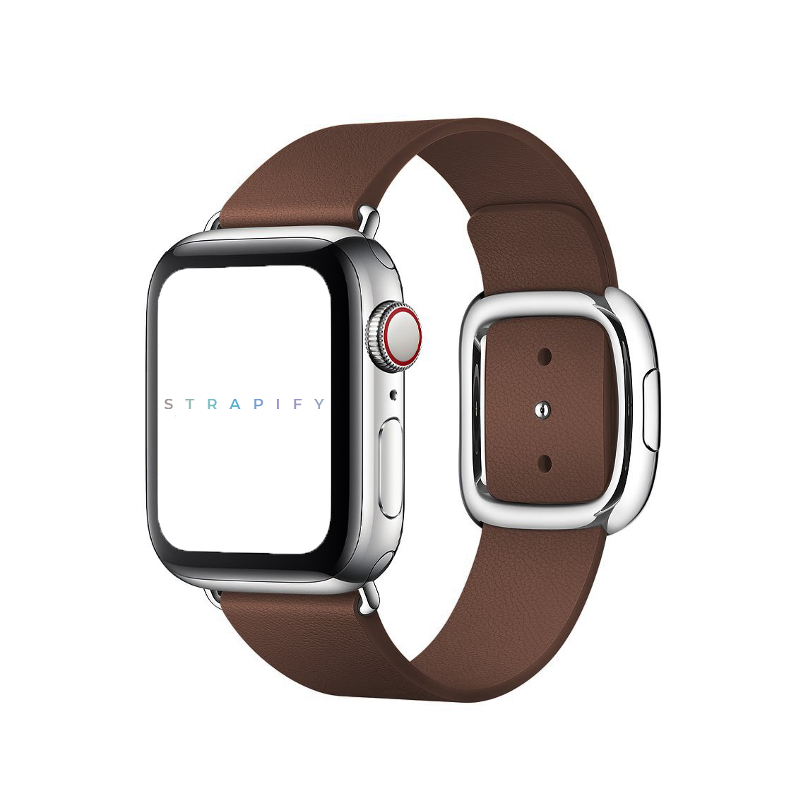 Silver stainless steel smartwatch with brown leather modern buckle band and digital crown
