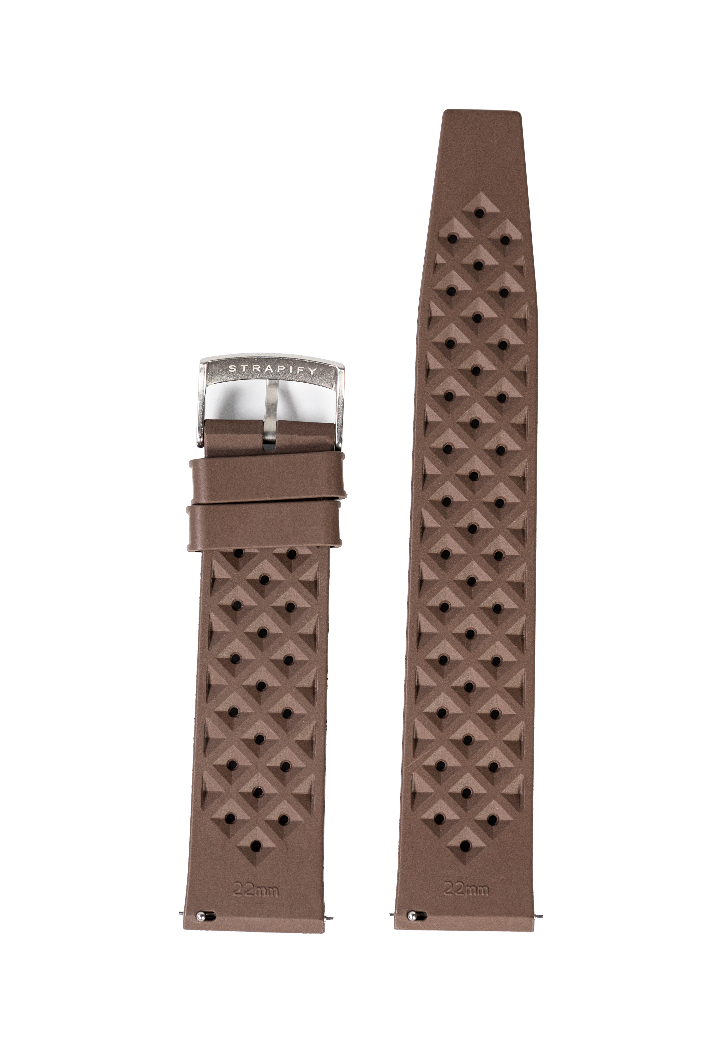 Brown rubber watch strap 22mm quick release with textured diamond pattern and stainless steel buckle