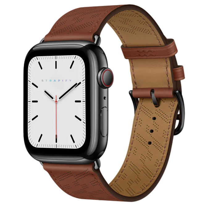 Black smartwatch with white dial and brown perforated leather strap, single tour design with chocolate brown color