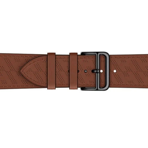 Brown perforated leather Apple Watch band with single tour design and gunmetal buckle closure