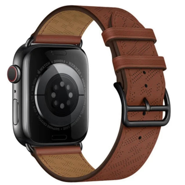 Apple Watch Series 8 with chocolate brown perforated leather single tour band and black stainless steel case