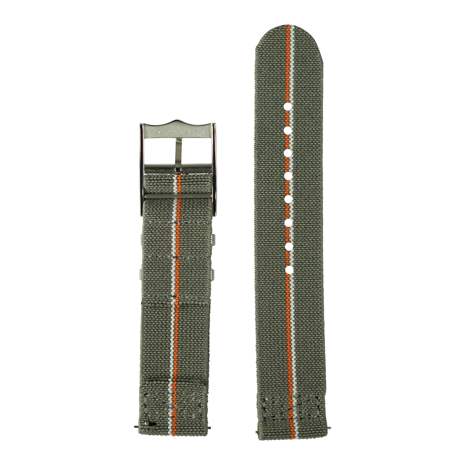 Military green elastic fabric watch strap with orange and white stripe, quick release buckle and metal hardware