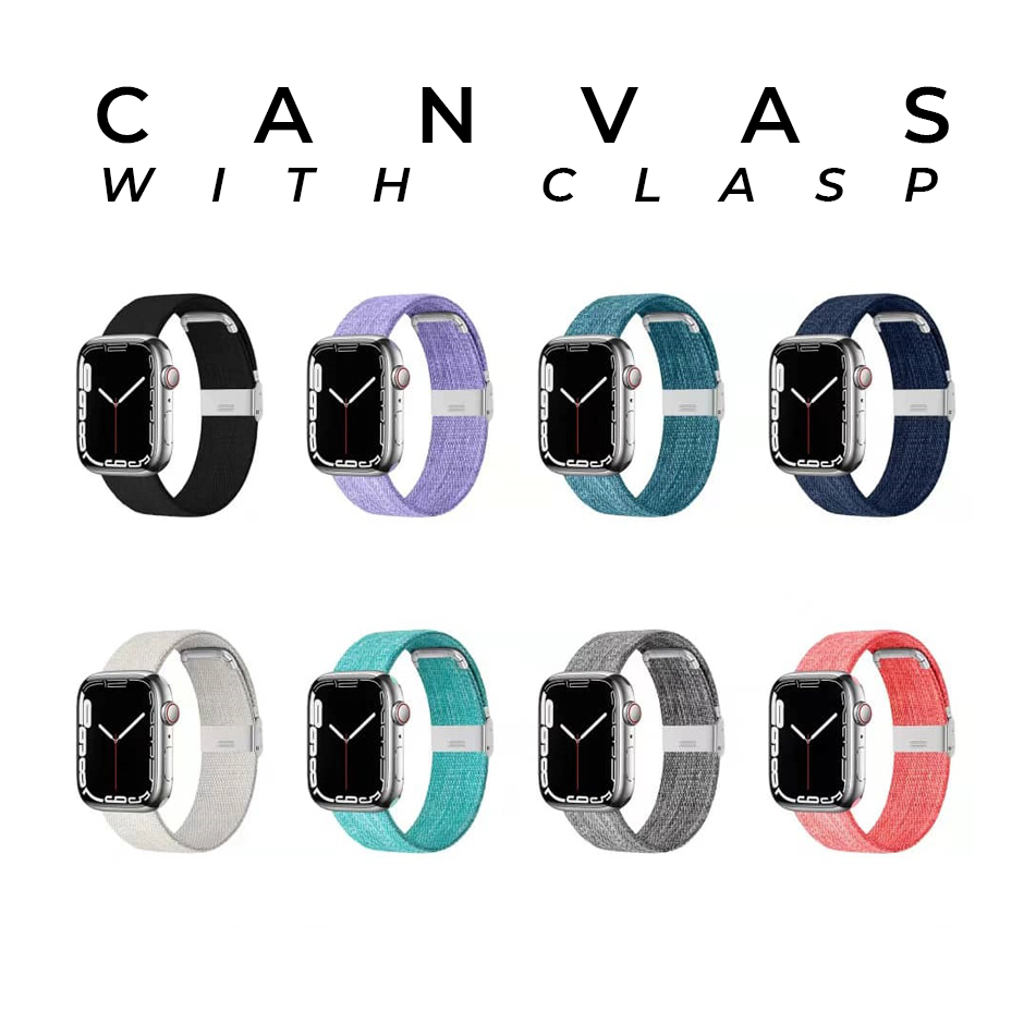 Apple Watch canvas bands with clasp in black, purple, teal, navy, beige, turquoise, grey and coral colors