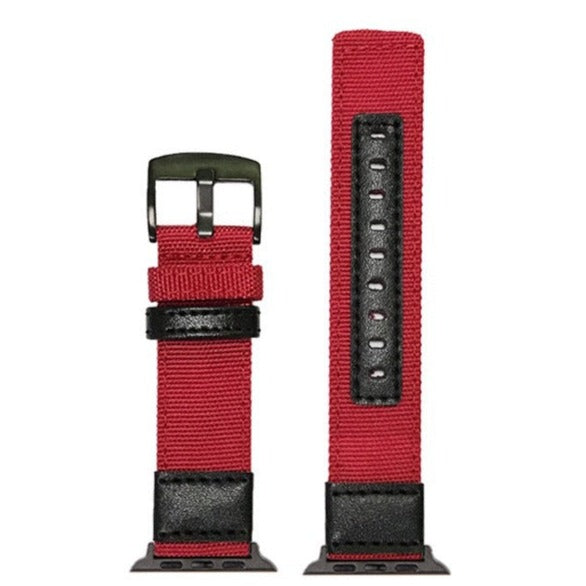 Red canvas Apple Watch band with black leather trim and olive hardware connector, shown assembled and unassembled