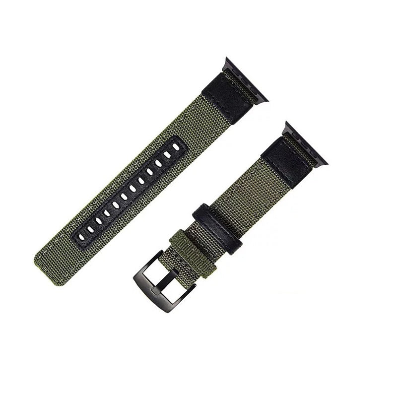 Apple Watch canvas band in army green with black adapter and stainless steel buckle connector
