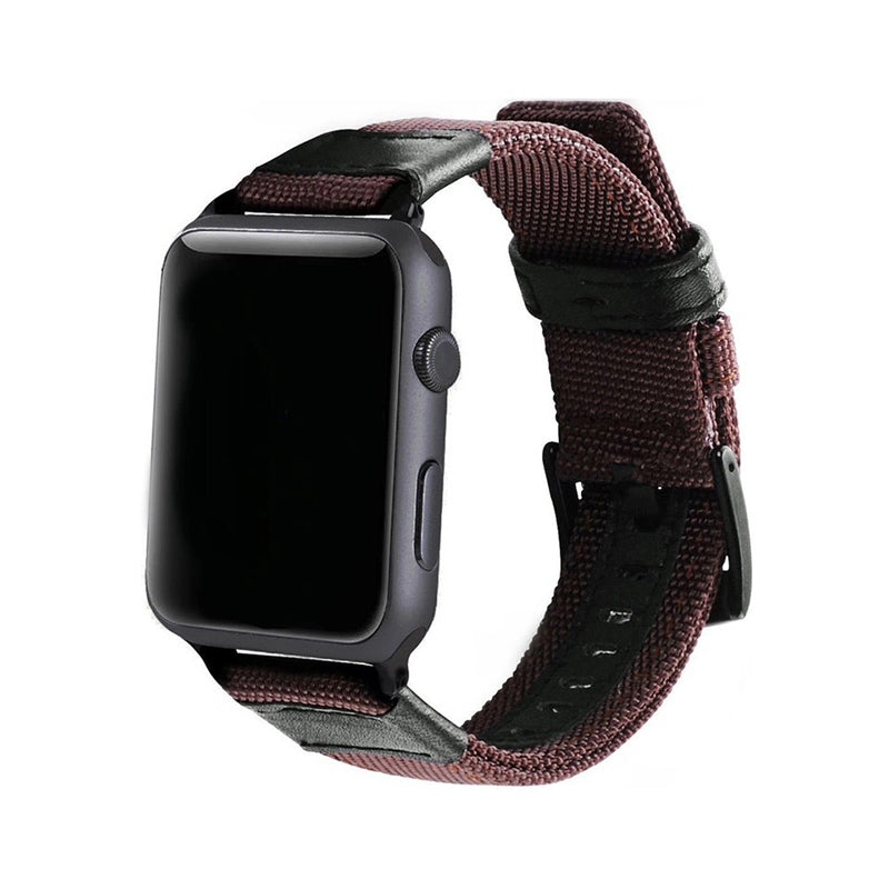 Space gray Apple Watch with coffee brown canvas woven band featuring leather accents and adjustable strap