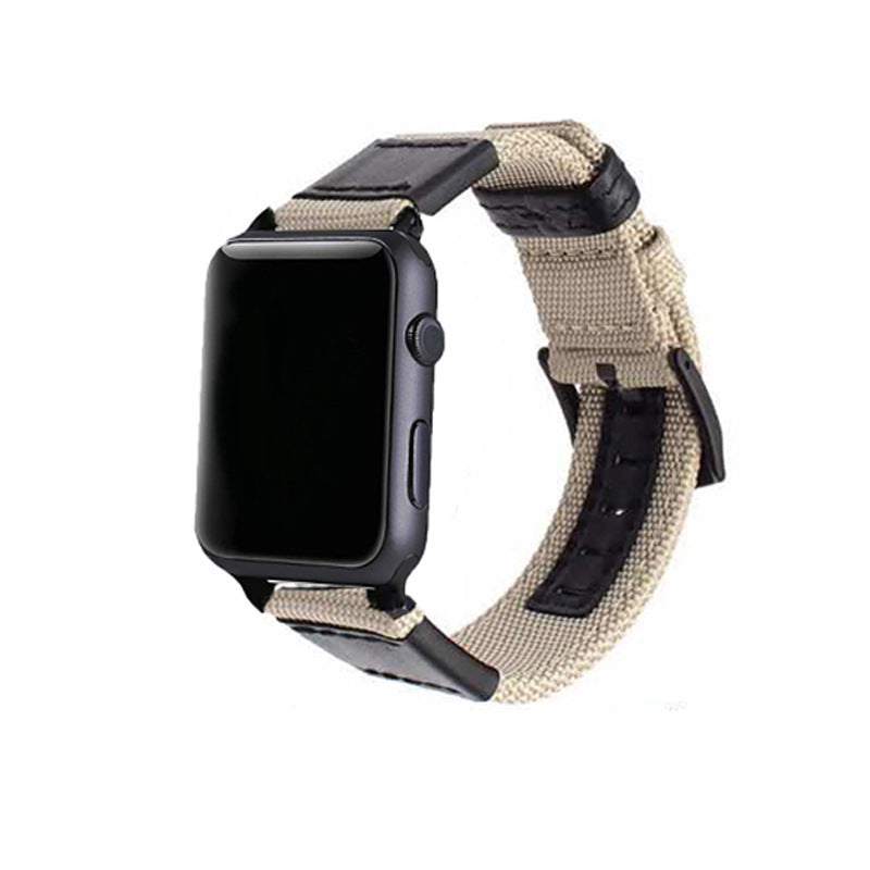 Black smartwatch with desert sand canvas and black leather band strap