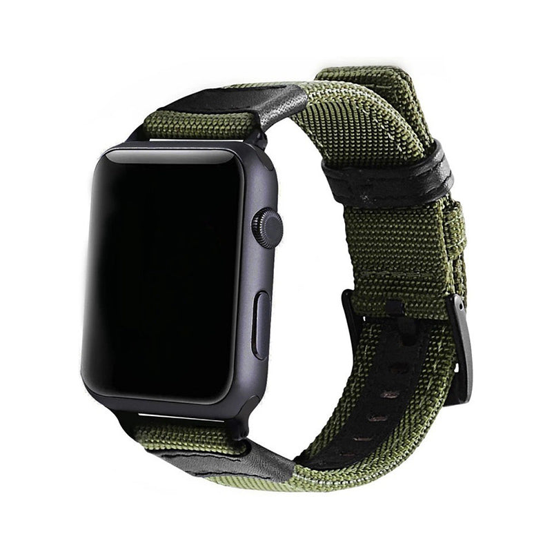 Black Apple Watch with army green canvas nylon band and black leather accents