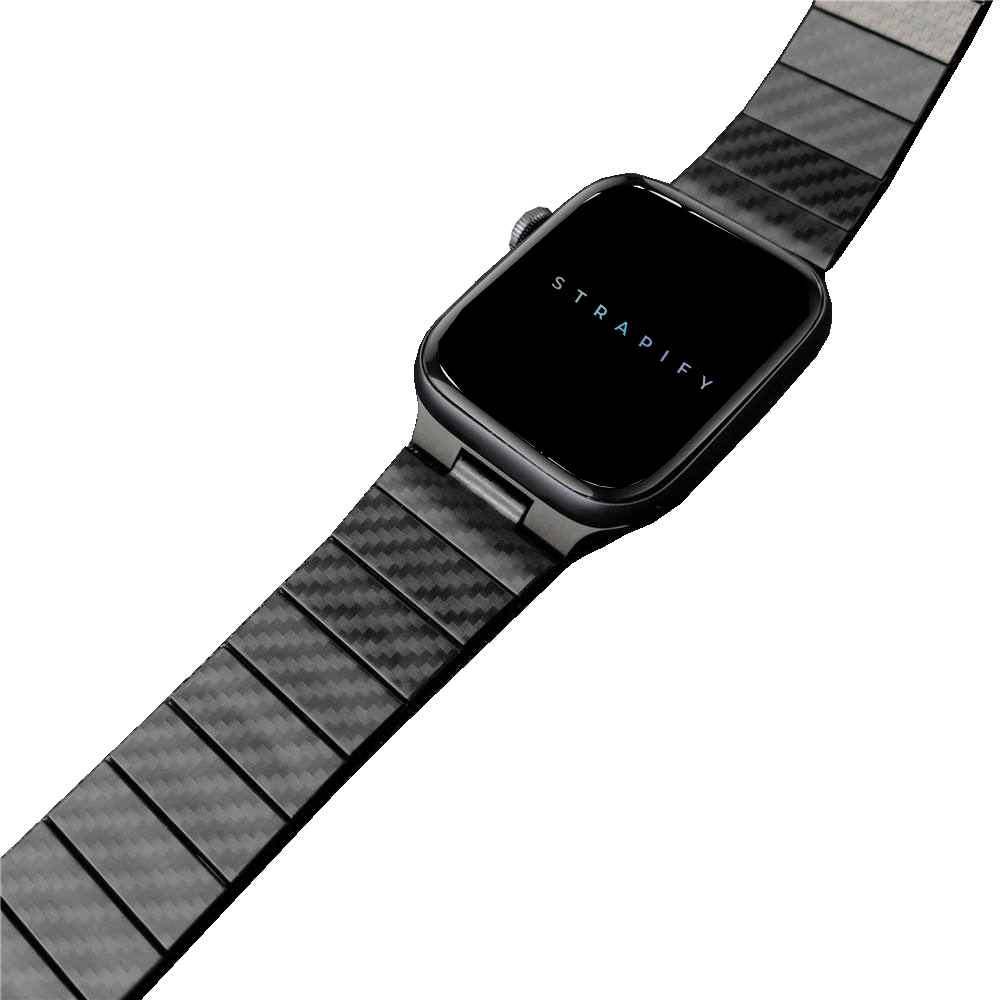 Black carbon fiber bracelet smartwatch with square face and link band design