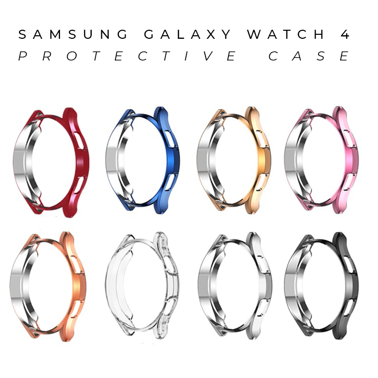 Samsung Galaxy Watch 4 protective cases in red, blue, gold, pink, orange, clear, silver and black color options