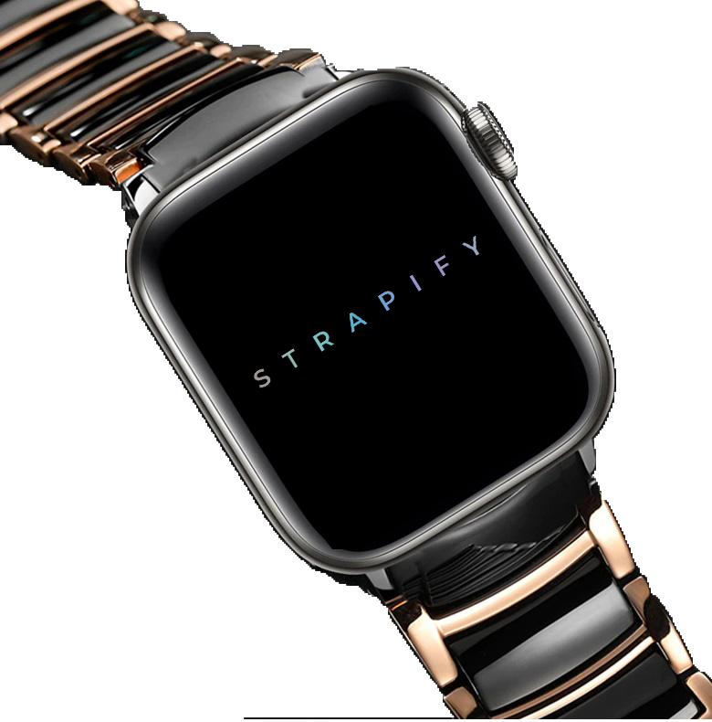 Strapify rose gold and black ceramic steel bracelet smartwatch band with square display and link strap design