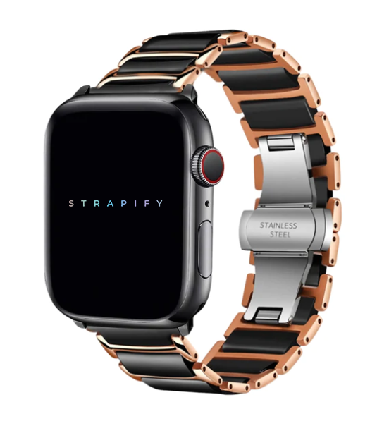 Apple Watch with rose gold and black ceramic steel bracelet band featuring stainless steel clasp