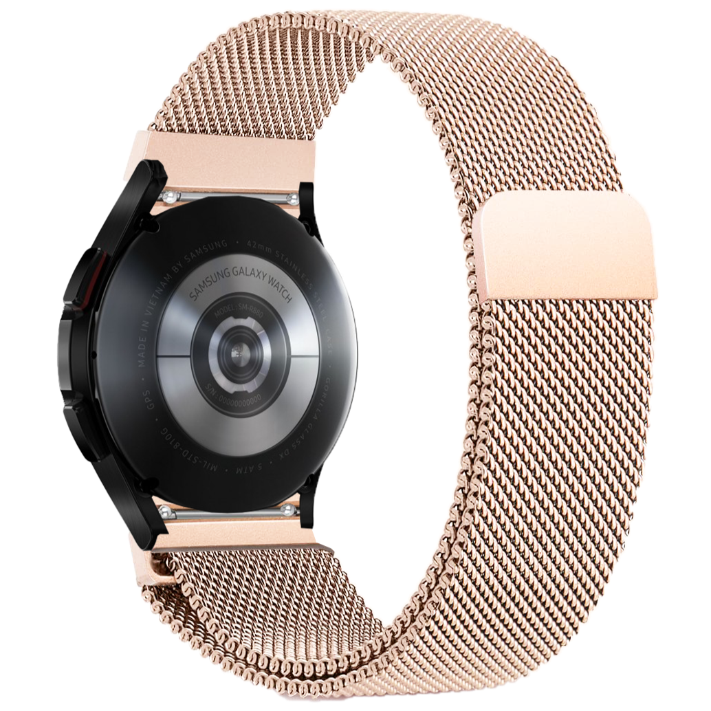 Samsung Galaxy Watch with champagne gold Milanese mesh band and black dial face