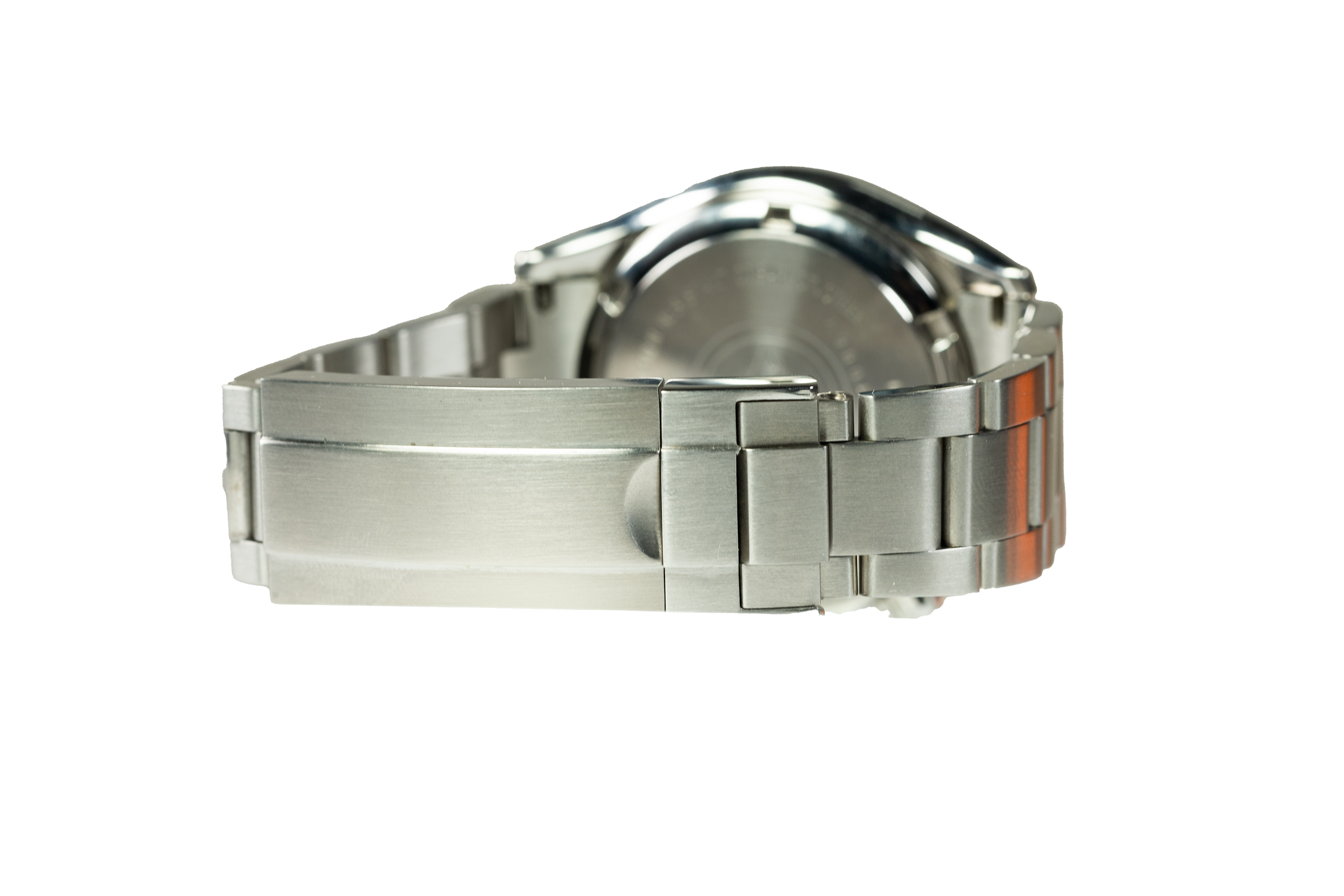Stainless steel watch bracelet with micro-adjustable clasp and solid link construction, side view showing clasp mechanism and brushed metal finish