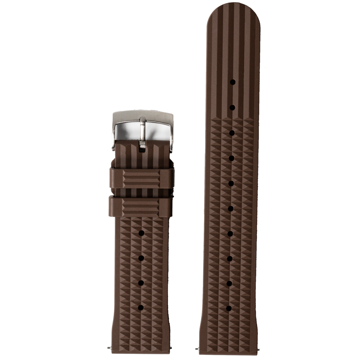 Brown textured rubber watch band with quilted waffle pattern, silver buckle, and adjustment holes displayed flat