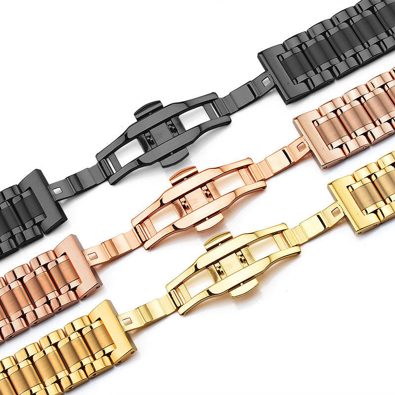 Curved stainless steel watch bracelets in black, rose gold, and gold finishes with secure clasp closures