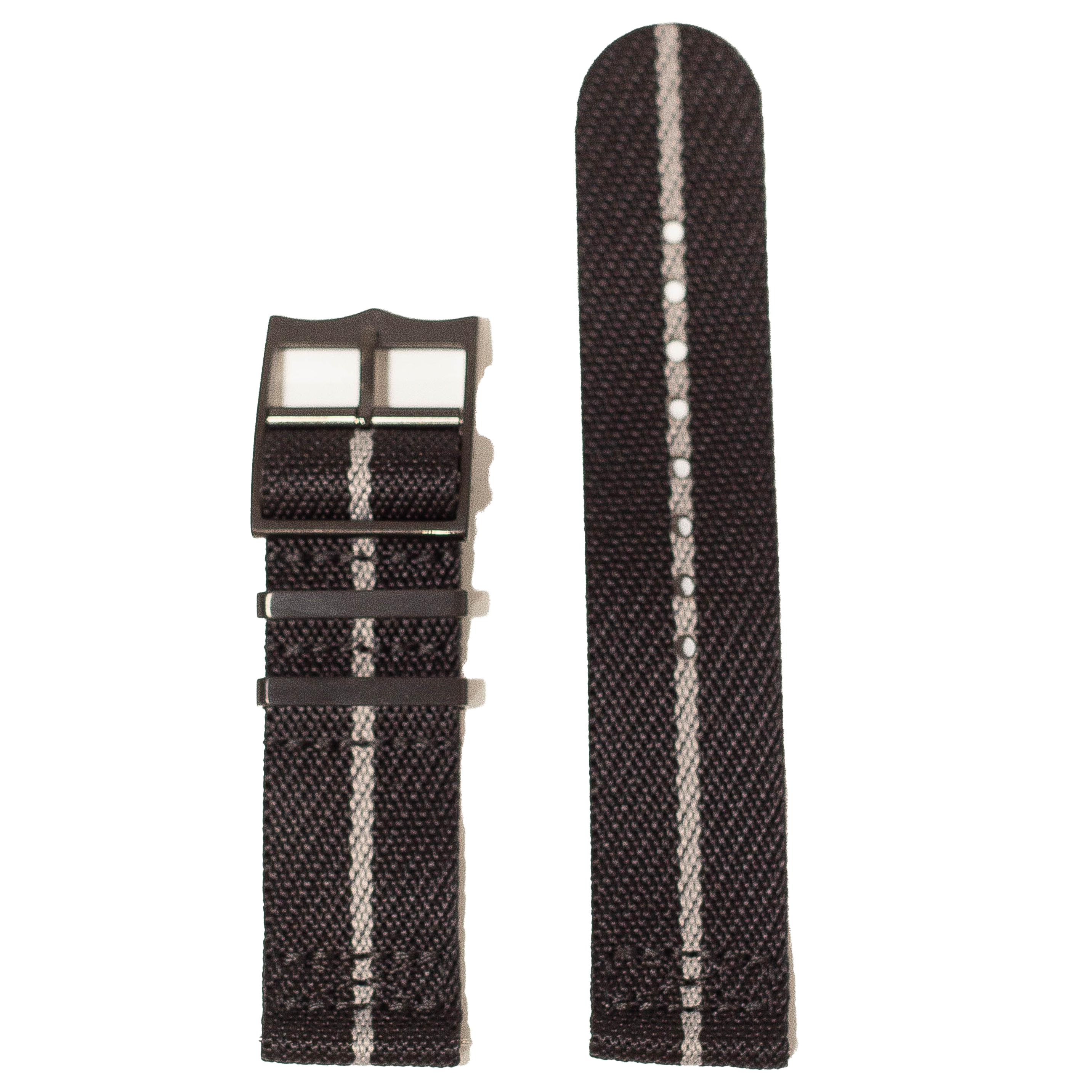 Black fabric watch band with grey stripe and black hardware buckle displayed with and without watch lugs attached