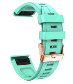Mint green silicone watch band with rose gold buckle hardware, quick-fit 20mm connector, flexible sport strap design