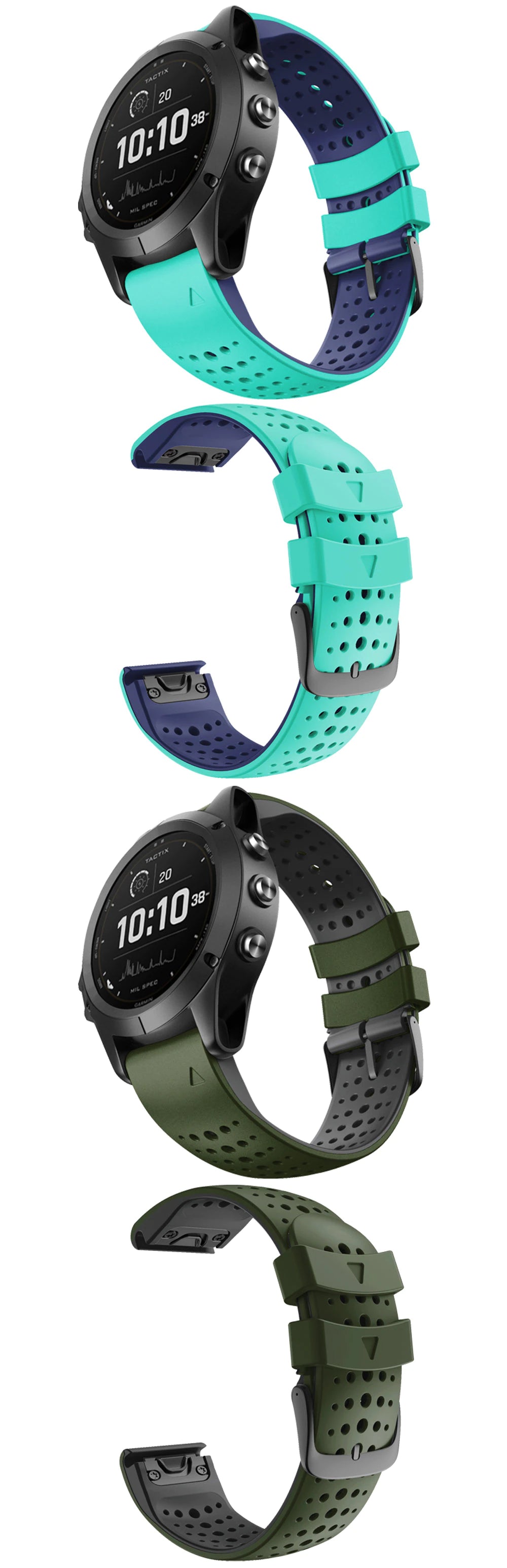 Black sports smartwatch with interchangeable turquoise and olive silicone bands featuring perforated ventilation design