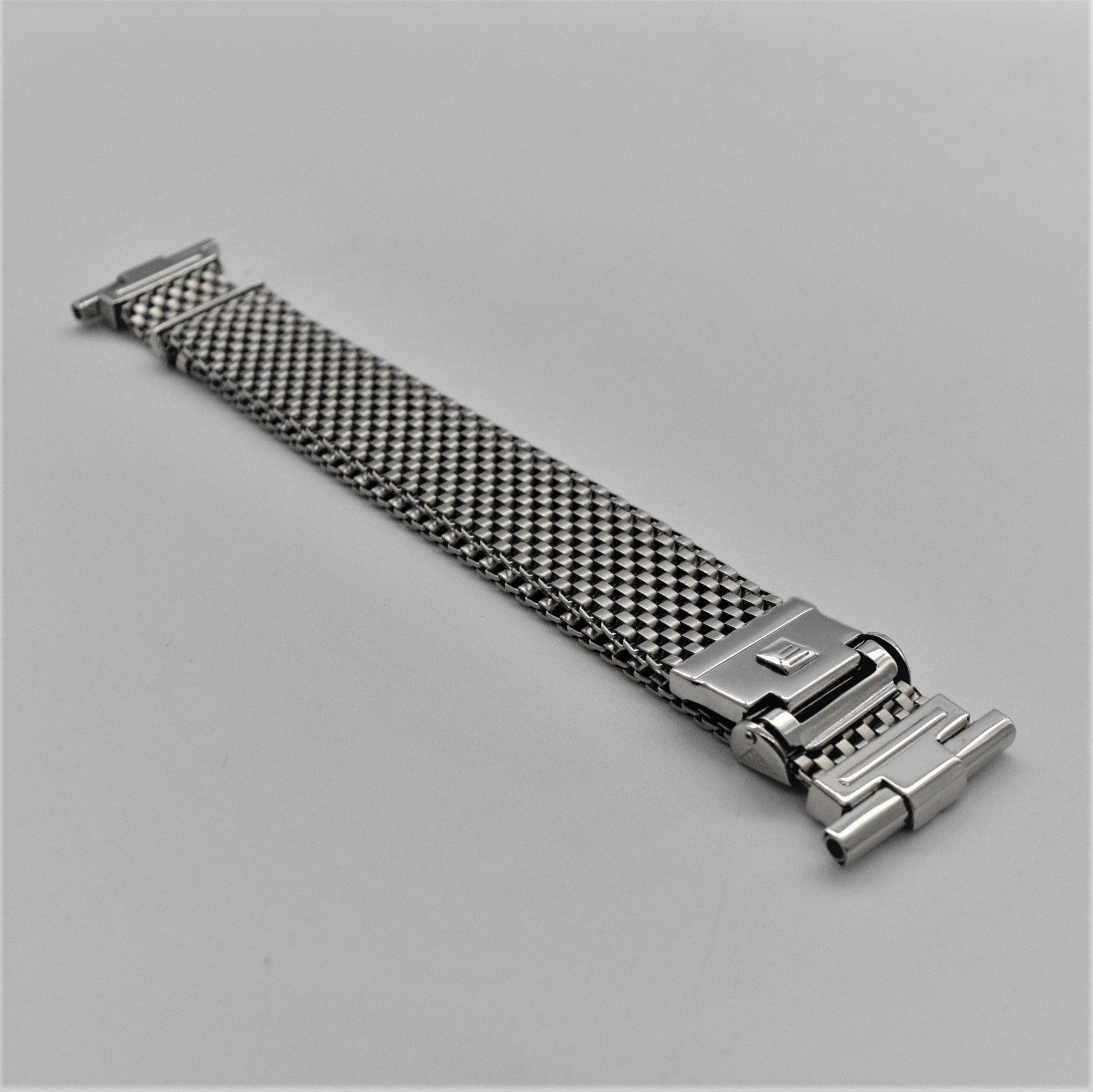 Stainless steel mesh watch bracelet with checkered pattern design, straight end lugs, and fold-over safety clasp