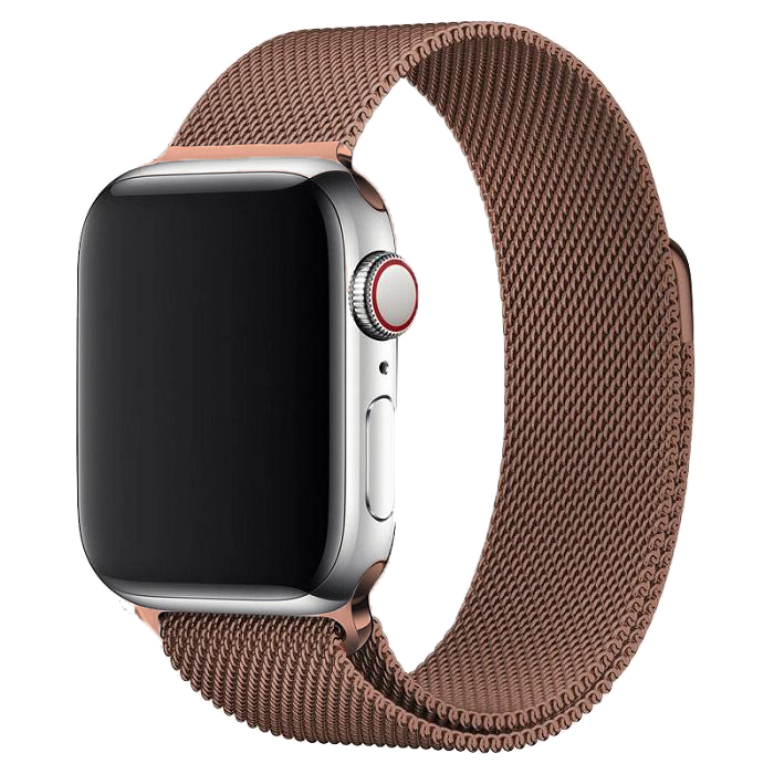 Apple Watch with coffee brown Milanese Loop band, stainless steel case and digital crown, isolated on white background