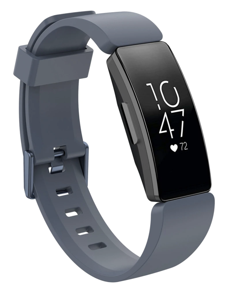 Slate blue silicone sport band fitness tracker with heart rate monitor display showing time and health metrics