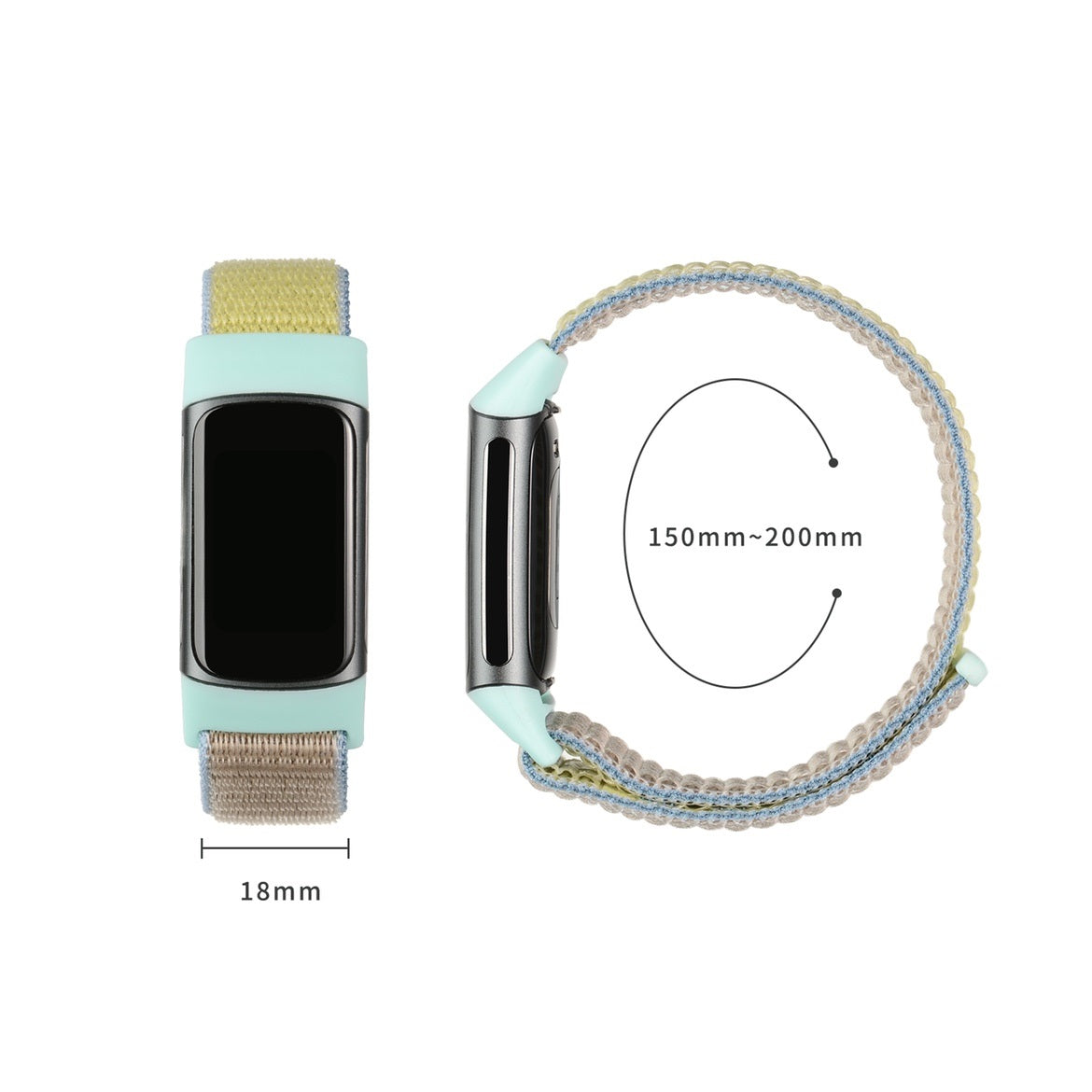 Mint green fabric sports loop band for Fitbit Charge 5 and 6, 18mm width, 150-200mm adjustable length with woven velcro closure