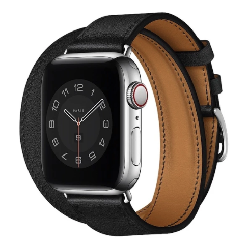Apple Watch Series stainless steel case with black leather double tour band wrap-around strap