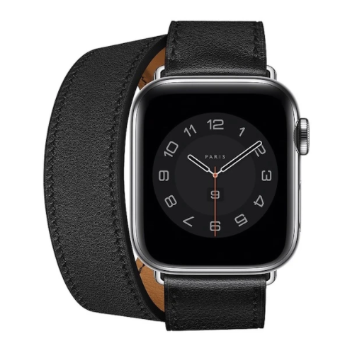 Black leather double tour smartwatch band with stainless steel case and black dial face, compatible with Apple Watch