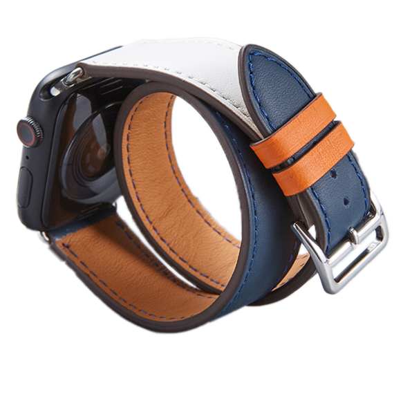 Double tour leather Apple Watch band in navy blue, white and tan with silver buckle closure