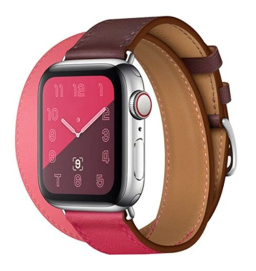 Silver smartwatch with pink dial and burgundy pink leather double tour strap with tan interior detail