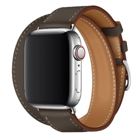 Silver Apple Watch with dark brown leather double tour band featuring tan stitching and stainless steel case