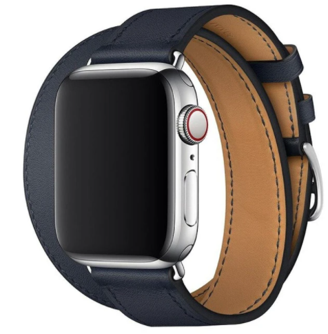 Silver Apple Watch with navy blue and tan leather double tour band, cellular model with digital crown