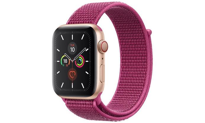 Rose gold Apple Watch Series 5 with magenta sport loop band displaying time and health metrics on black face