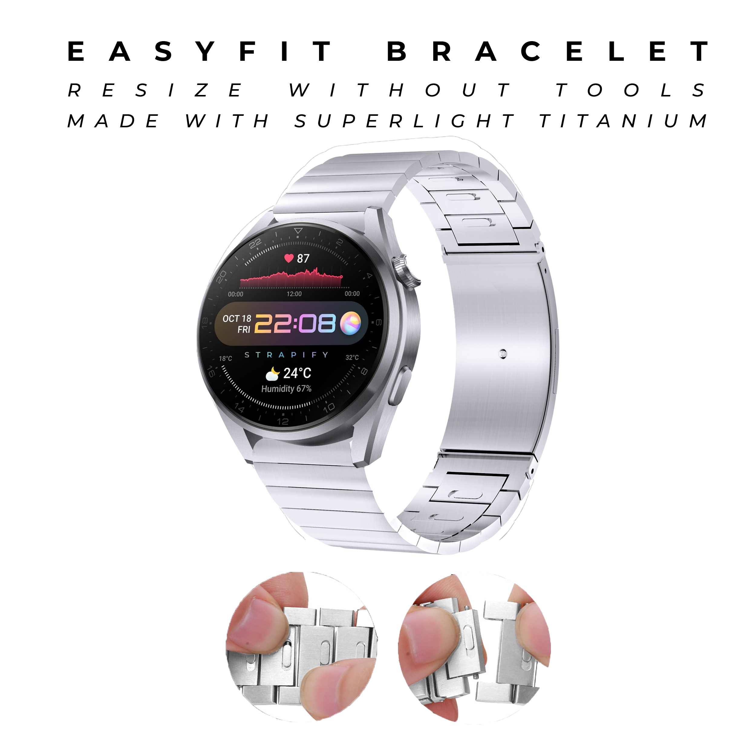Silver titanium smartwatch bracelet with quick release tool-free adjustment system and AMOLED display showing heart rate and weather data