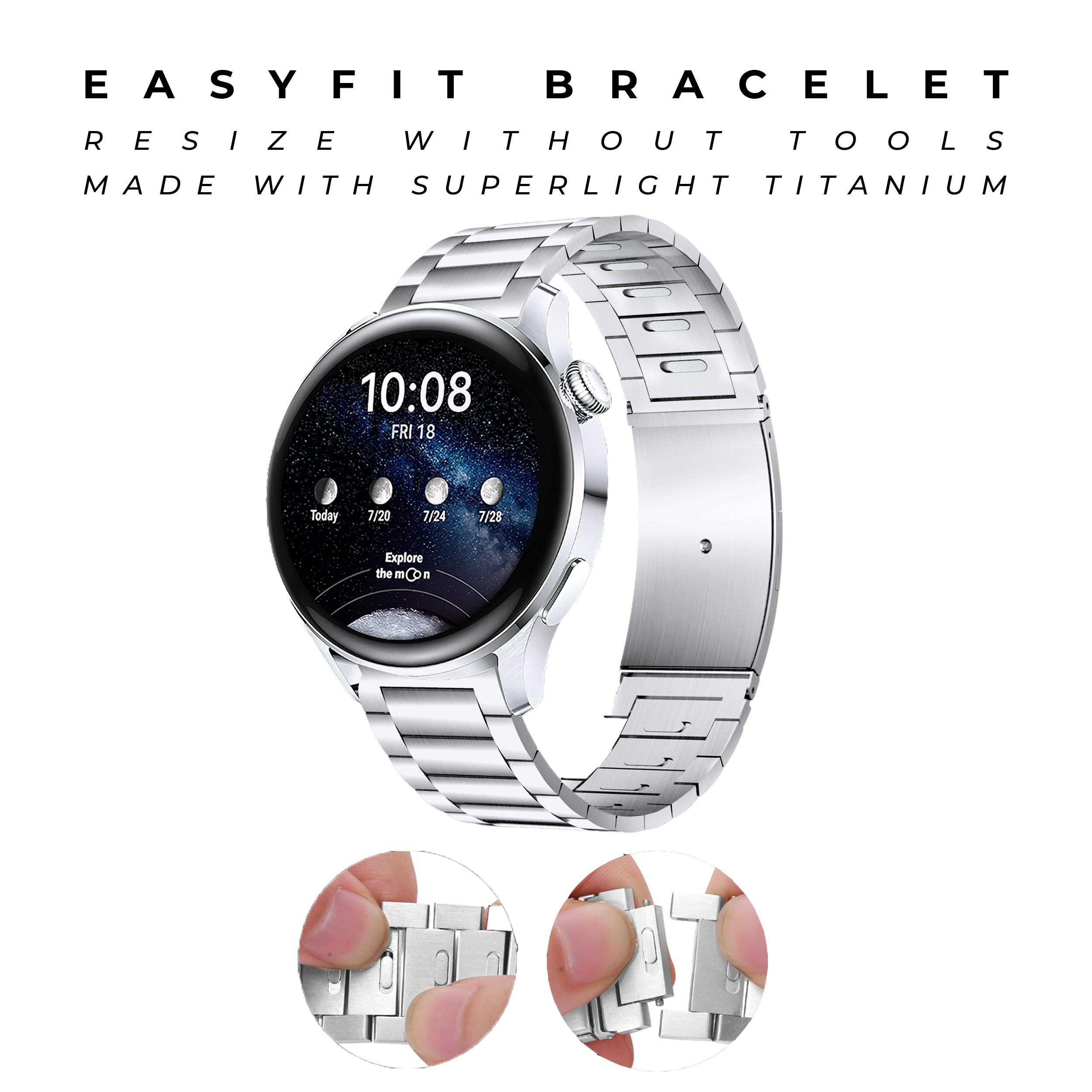 Silver titanium smartwatch with quick release tool-free bracelet, easy fit adjustment shown with hands demonstrating link removal