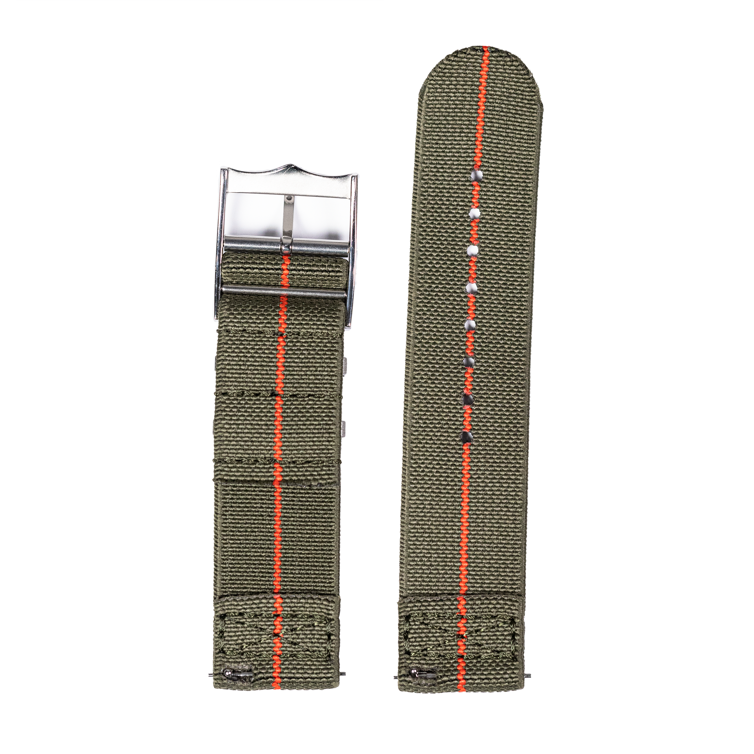 Olive green woven quick release watch band with red center stripe and metal buckle clasp