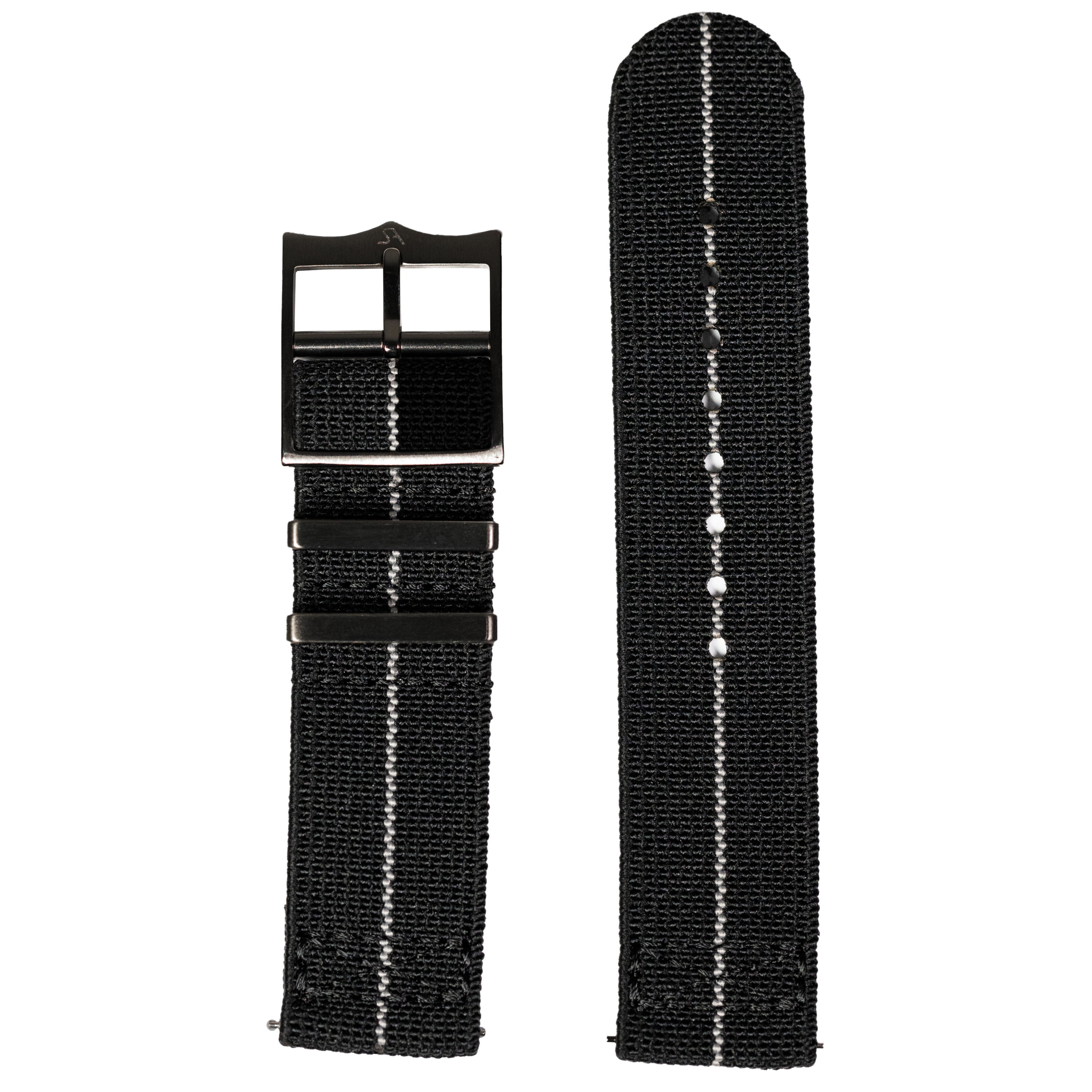 Black nylon fabric watch strap with white stitching and quick-release metal buckle and loop system