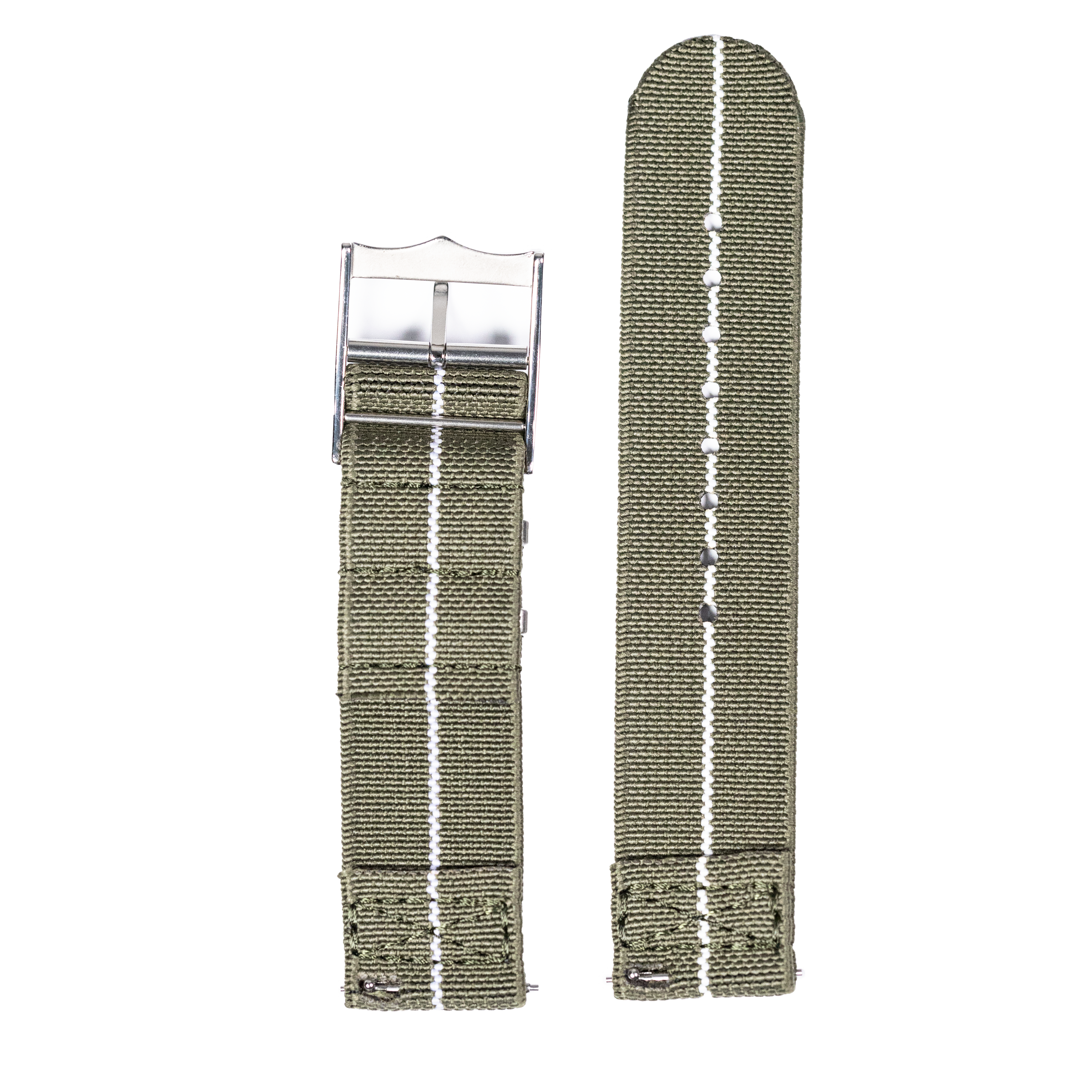Army green elastic web watch band with metal quick release buckle and white stitching detail