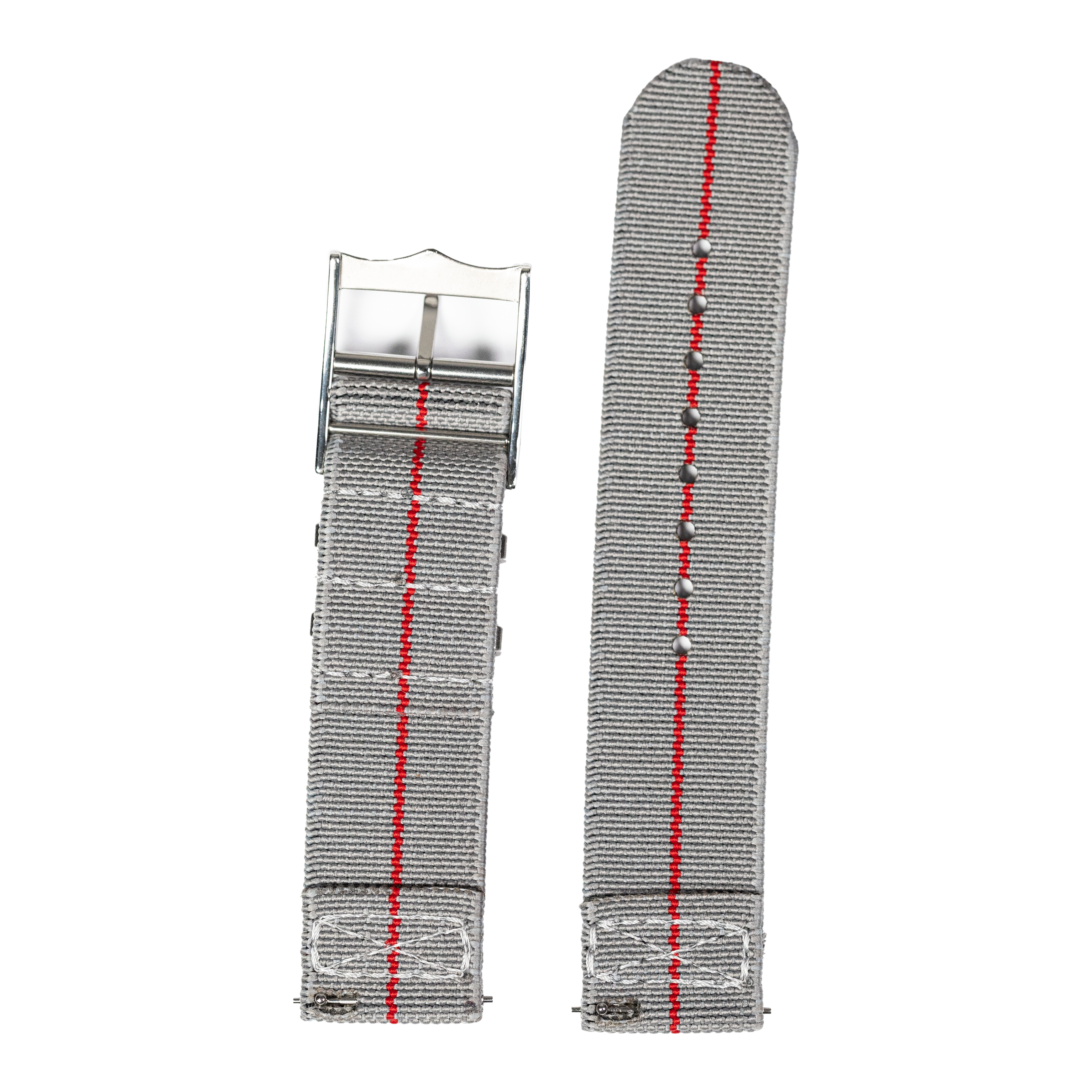 Grey and red elasticated quick release watch straps with metal buckle and textured nylon weave design