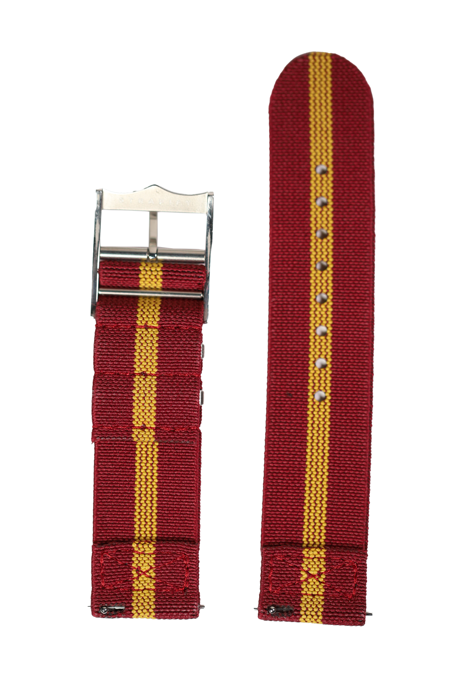 Red and yellow striped elastic fabric belt with quick-release metal buckle and stud detailing