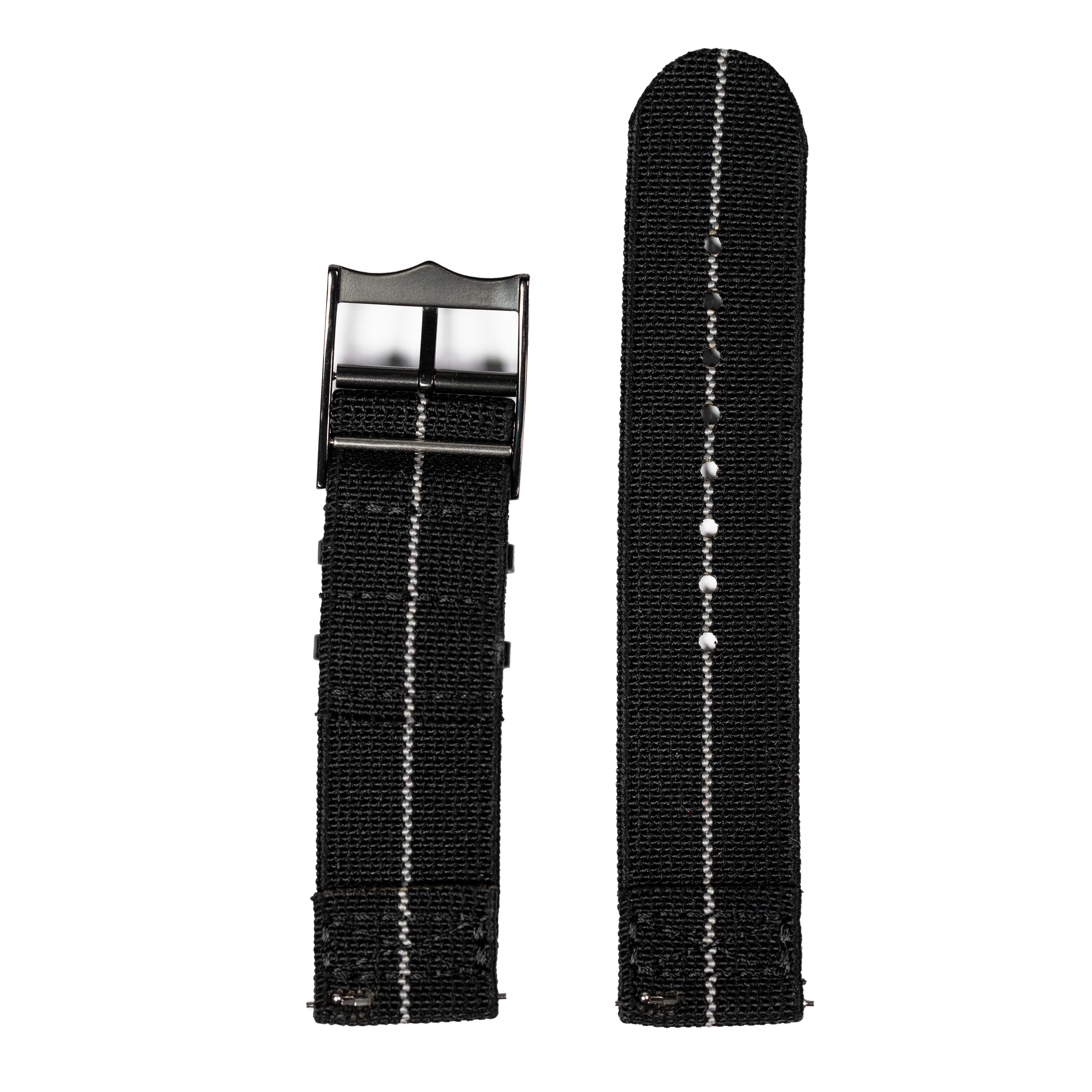 Black fabric watch strap with quick release mechanism, stainless steel hardware, and white contrast stitching detail