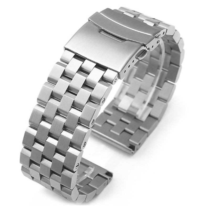 Stainless steel quick release watch bracelet with folding deployant clasp and link band in silver finish