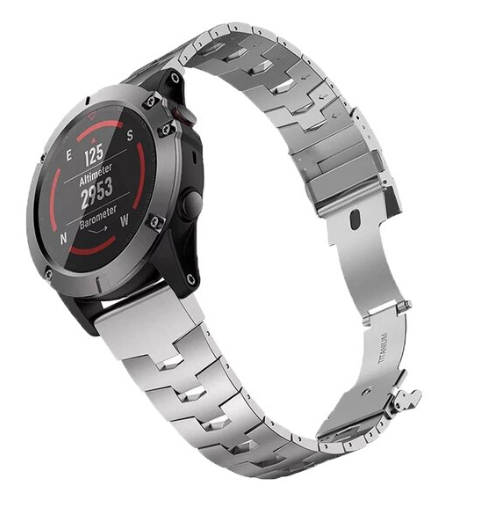 Titanium QuickFit bracelet in silver with black sport watch featuring compass dial and digital display