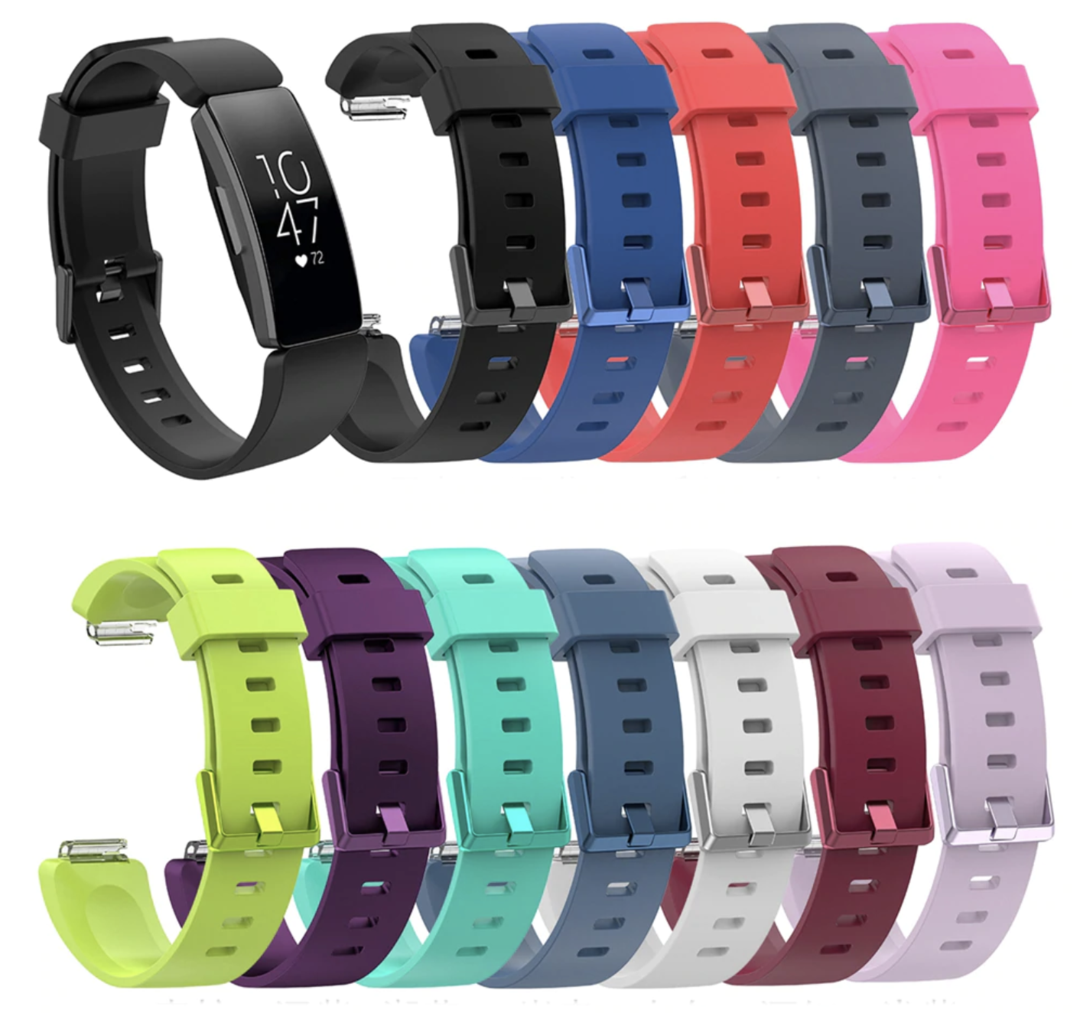 Fitbit Inspire HR and Ace 2 replacement silicone watch bands in multiple colors including black, blue, red, pink, yellow, purple, teal and white