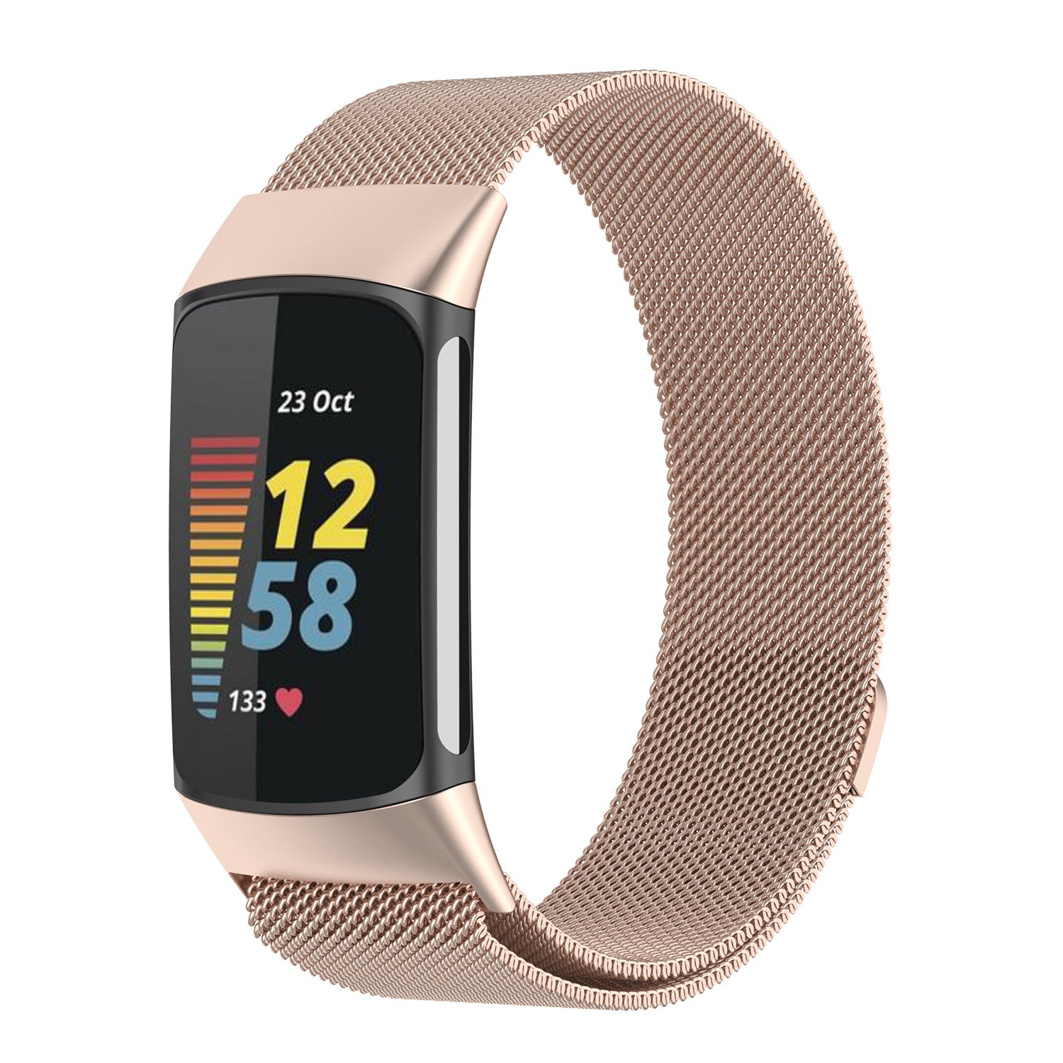 Fitbit Charge 5 and 6 fitness tracker with champagne gold Milanese mesh band, displaying time and heart rate on AMOLED screen